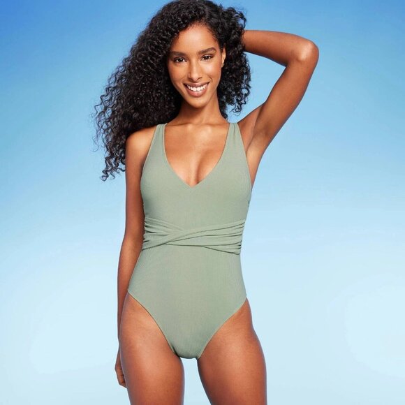 Shade & Shore Womens Green Ribbed Twist & Plunge Front 1 Pc Swimsuit S,M,L - Picture 1 of 14
